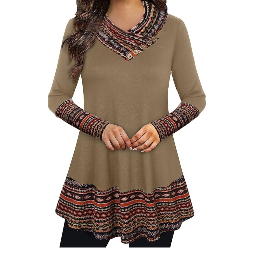 ✨ Bebonnie Cowl Neck Patchwork Tunic Dress in Brown, Super Soft, XXL✨